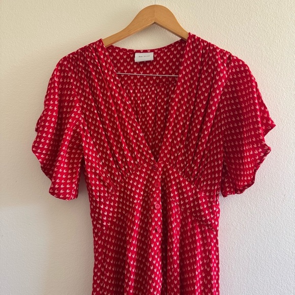 Rue Stiic Red Printed Deep V Neck Font Buttons Midi Dress Size Small - Picture 3 of 8